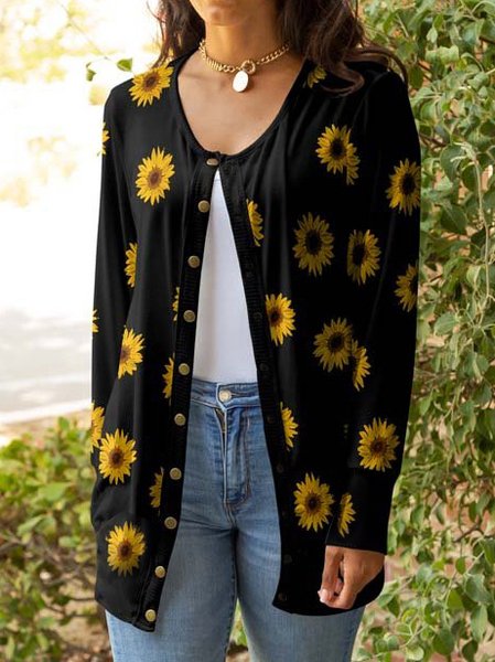 

Autumn Sunflower Design Long Sleeve Knit Cardigan Jacket, Black, Cardigans