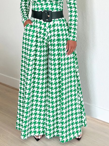 

Long Daily Houndstooth Regular Fit Fashion Pants, Green, Wide Leg Pants