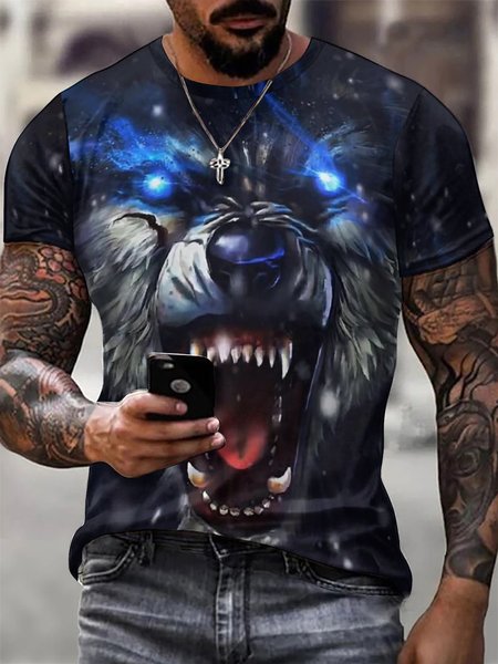 

Men Wolf Casual Crew Neck Loose T-Shirt, As picture, T-shirts