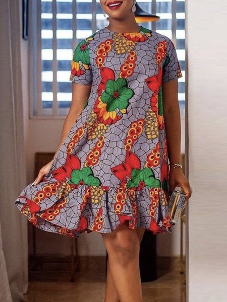 

Vacation Floral Fit Short Sleeve Crew Neck Mini Dress, Multicolor, Mini Dresses