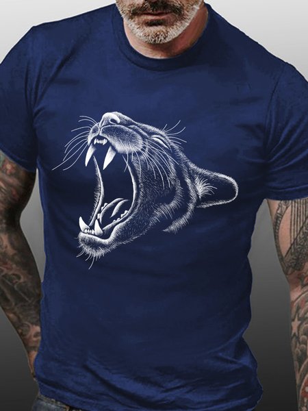 

Tiger Print Men's Cotton Casual T-Shirt, Purplish blue, T-shirts