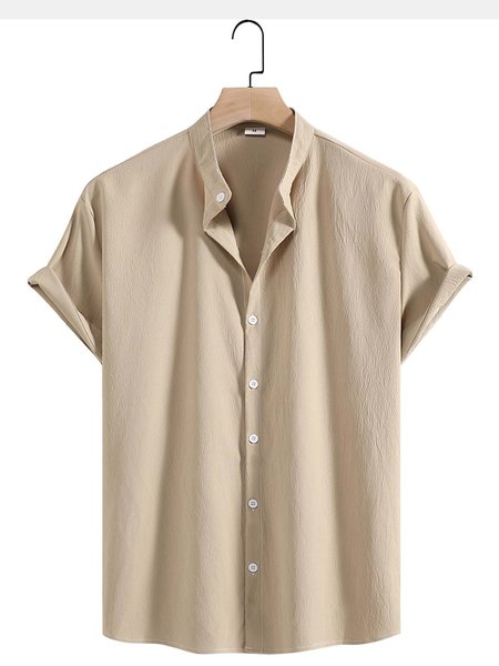 

Men's Plain Color Stand Collar Short Sleeve Shirt, Khaki, Men's Floral shirt