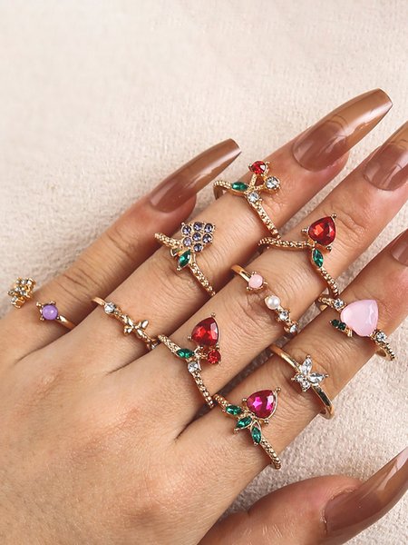 

11Pcs Fruit Collection Fun Ring Set Party Jewelry, Golden, Rings