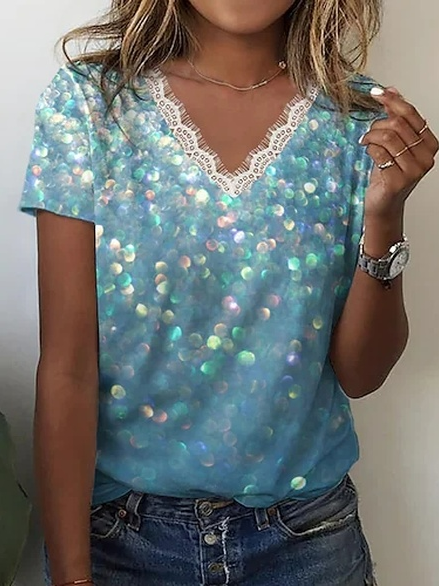 

Ombre Casual V Neck T-Shirt, Blue, T-Shirts