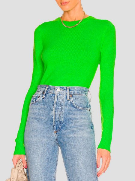 

Casual Daily Plain Crew Neck Simple Basic Sweater, Green, Pullovers