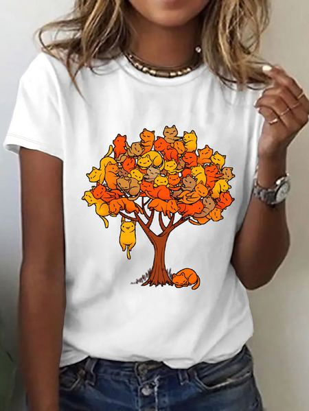 

Women Funny Cat Tree Cotton Loose T-Shirt, White, T-shirts