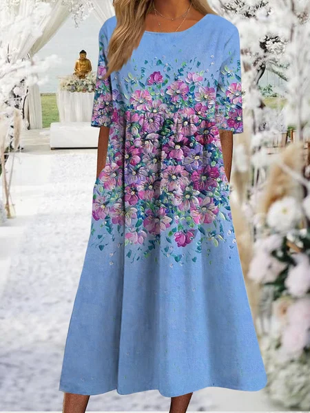

Oil painting flower gradient series X-shaped a-hem loose Long Dress Plus Size, Blue, Dresses