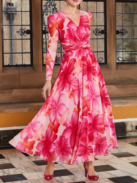 

Autumn V neck X-Line Long sleeve Fit Long Dress, Red, Maxi Dresses