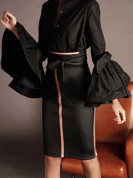 

Striped Skinny Elegant Skirt, Black, Midi Skirts