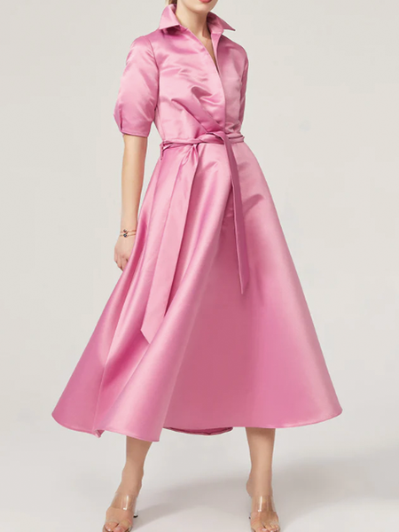 

Summer Short sleeve X-Line Elegant Loose Holiday Shawl Collar Dresses, Pink, Midi Dresses