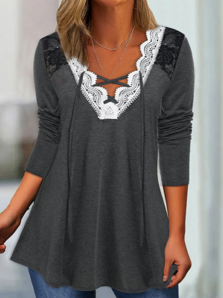 

Casual Fit Lace V neck T-Shirt, Gray, Tunics