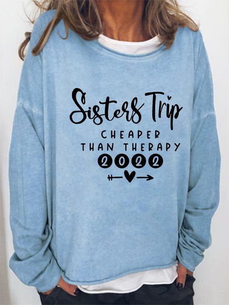 

Women Sister Trip 2022 Therapy Loose Crew Neck Sweatshirt, Light blue, Hoodies&Sweatshirts
