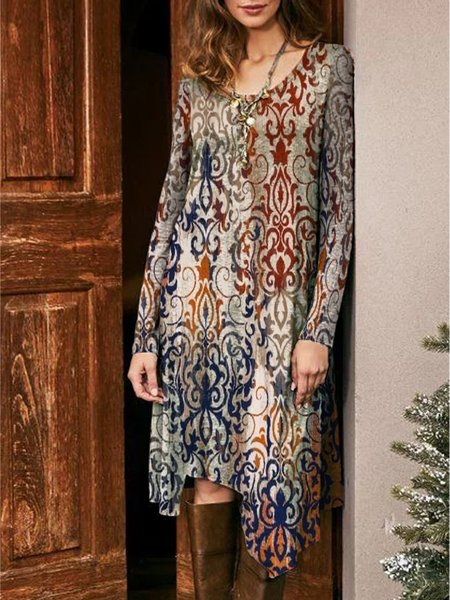 

V Neck Ethnic Casual Long sleeve Dresses, Multicolor, Midi Dresses