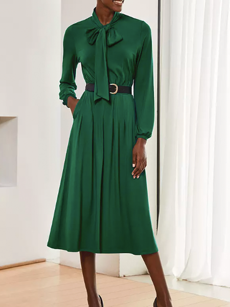 

Autumn X-Line Medium Elasticity Fit Stand Collar Plain Daily Dresses, Green, Midi Dresses