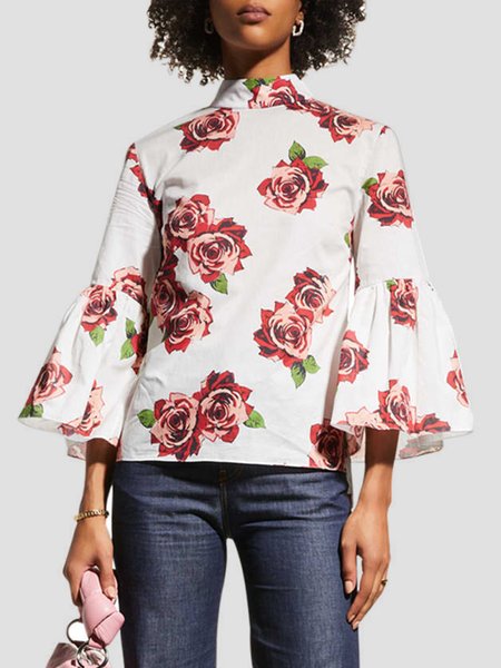 

Vacation Stand Collar Floral Three Quarter Top, White, Blouses and Shirts