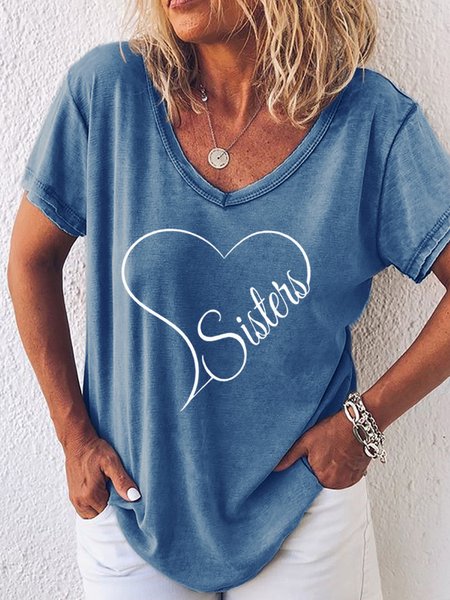 

Sisters Heart Women's Casual V Neck Loose T-Shirt, Blue, T-shirts