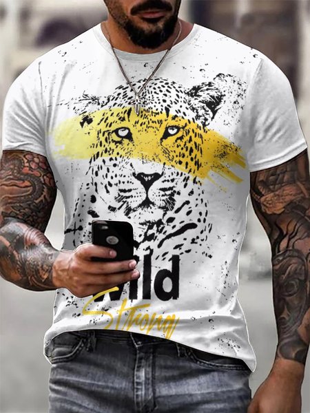 

Men Leopard Printing Casual Animal T-Shirt, White, T-shirts
