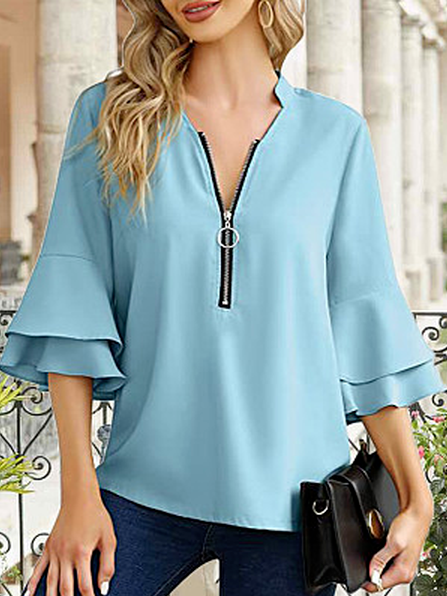 

Casual Flare Sleeve Loose Plain V Neck Tops, Blue, Shirts & Blouses