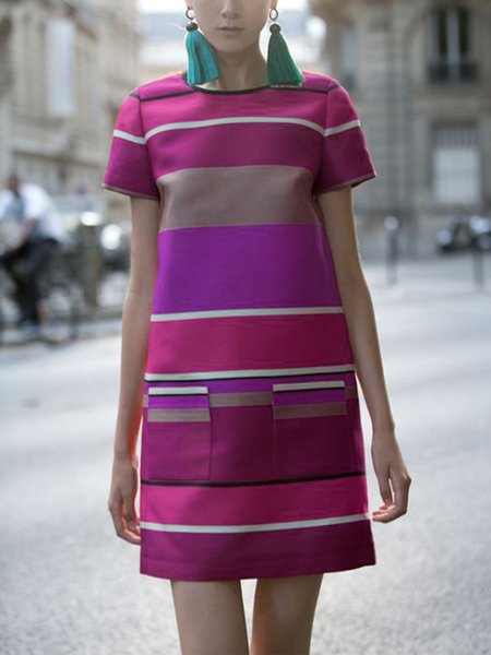 

Crew Neck Striped Simple Short Sleeve Mini Dress, Rose red, Mini Dresses