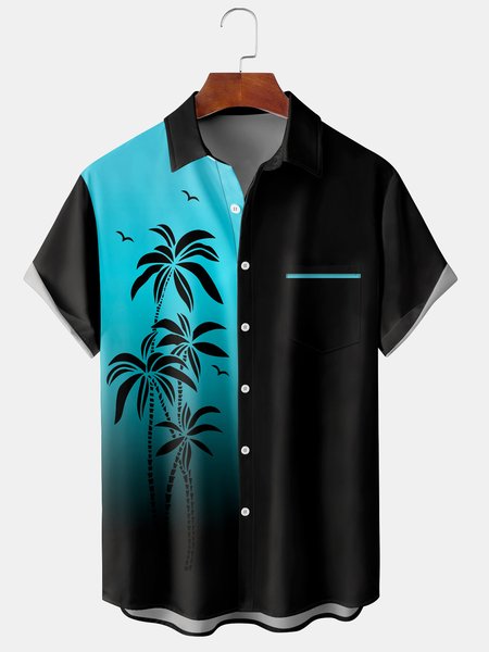 

Holiday Style Hawaii Series Gradient Plant Coconut Tree Element Pattern Lapel Short-Sleeved Chest Pocket Shirt Printed Top, Black, Shirts ＆ Blouse