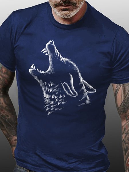 

Wolf Print Men's Casual Cotton T-Shirt, Purplish blue, T-shirts