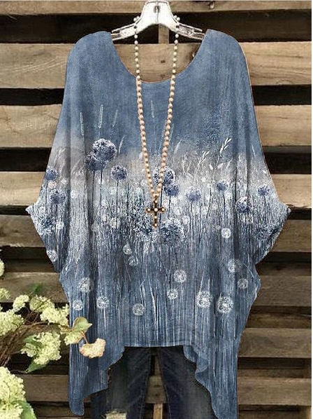 

Dandelion Loose Crew Neck Casual Floral Tops, Blue, Shirts & Blouses