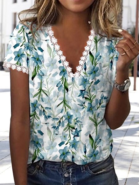 

Casual V Neck Regular Fit Floral T-Shirt, White, T-Shirts