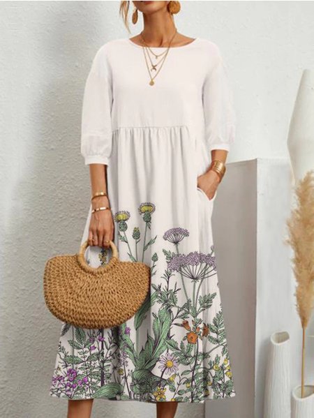 

Floral Puff Sleeve Casual Crew Neck Dresses, White, Dresses