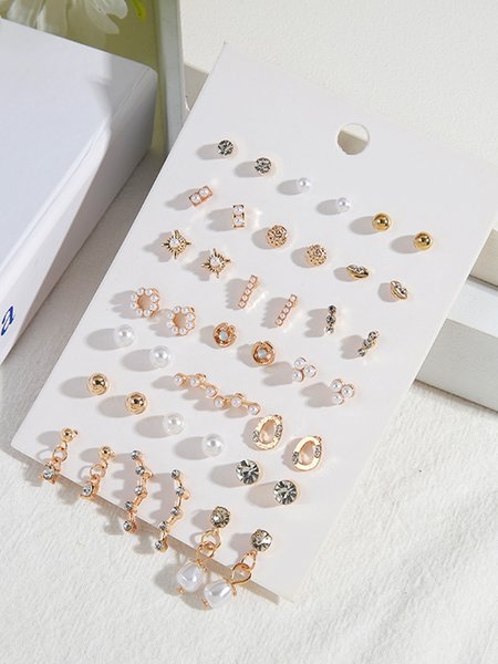 

21Pcs Bohemian Resort Style Diamond Pearl Earrings Commuter Stud Earrings Set, As picture, Earrings