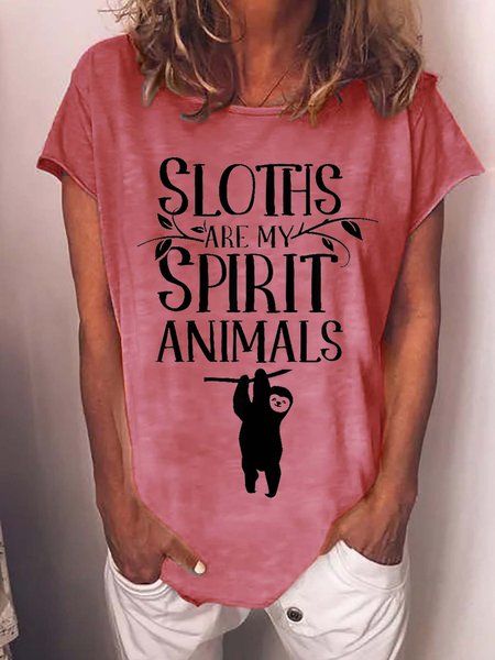 

Women Sloth Printing Casual Animal Crew Neck T-Shirt, Pink, T-shirts
