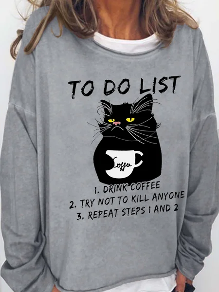 

Women Funny Black Cat To Do List Drink Coffee Crew Neck Simple Sweatshirt, Gray, Hoodies&Sweatshirts