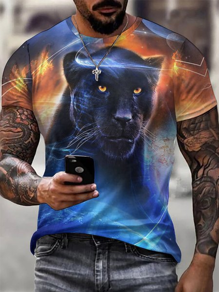 

Men Great Feline Casual Loose Animal T-Shirt, Blue, T-shirts