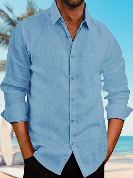 

Men's Linen Plain Long Sleeve Shirt, Blue, Shirts ＆ Blouse