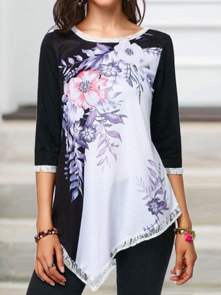 

Elegant Color Block Floral Lace T-Shirt, Black, Tunics