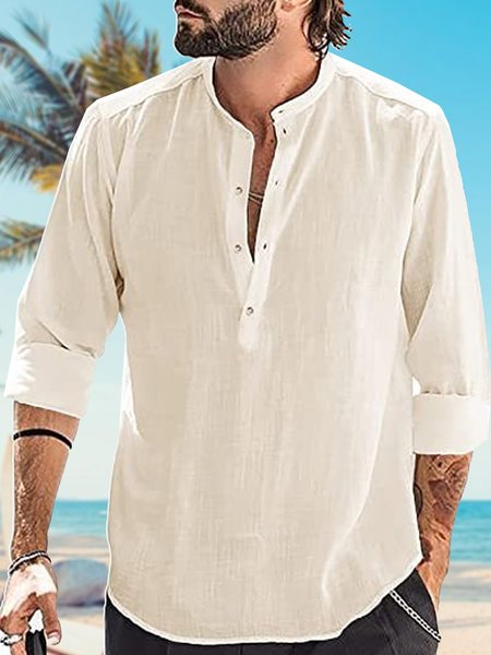 

Men's Stand Collar Cotton Linen Long Sleeve Shirt, Apricot, Shirts ＆ Blouse