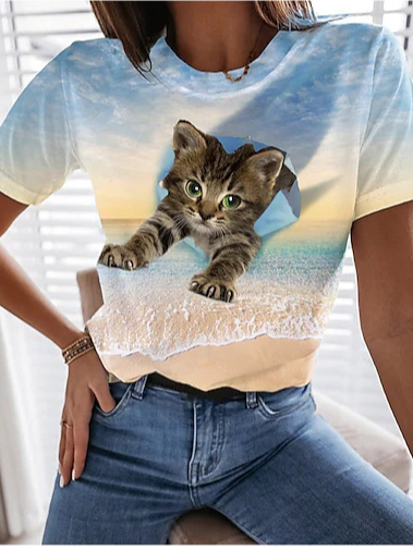 

JFN Crew Neck Cat Animal Casual Ombre T-Shirt/Tee, Multicolor, T-Shirts