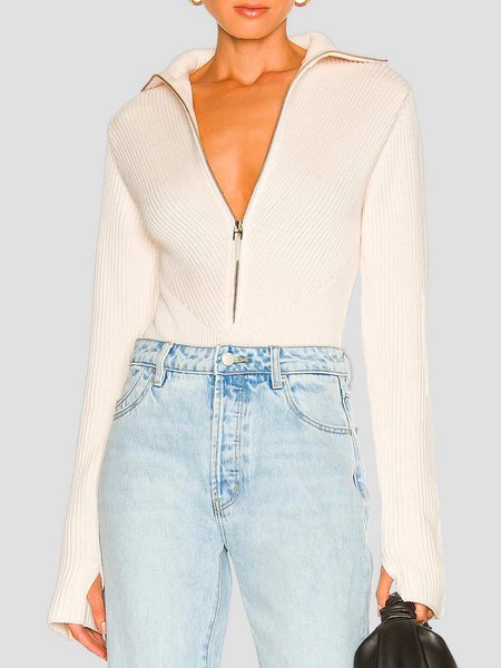 

Casual Long Sleeve Plain Zipper Sweater, White, Pullovers