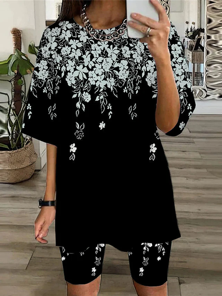 

Floral Crew Neck Casual Two Piece Sets, Black, Suit Set