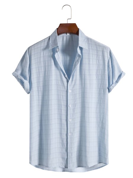 

Men's Solid Color Special Short Sleeve Fabric Dark Check Lapel Shirt, Blue, Shirts ＆ Blouse
