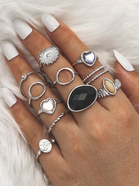 

11Pcs Ethnic Style Retro Love Black Purple Zircon Ring Set, Silver, Rings