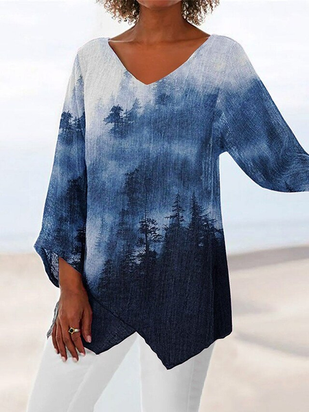 

Regular Fit Casual Landscape Painting Tops, Purplish blue, Shirts & Blouses