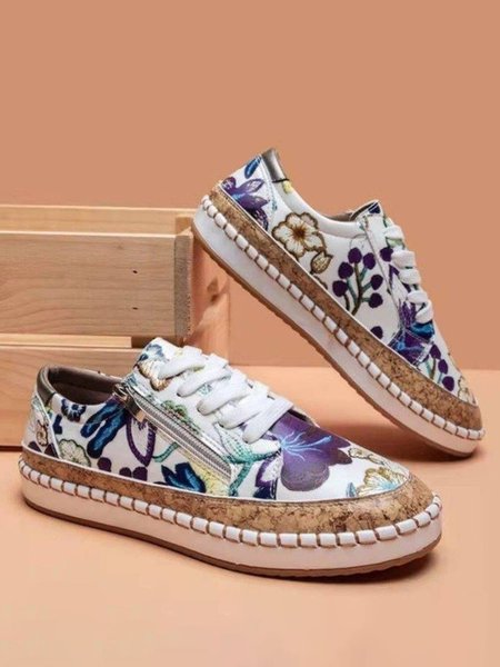 

Purple Flower Plants White PU Leather Stitching Zipper Lace Flat Shoes, Flats