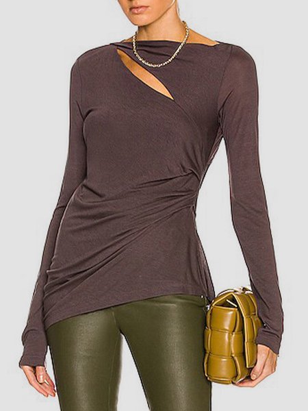 

Daily Plain Cut-outs Long Sleeve Top, As picture, Tees