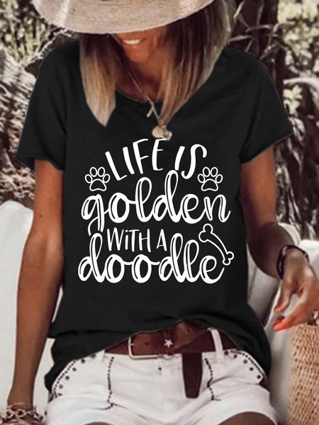 

Women Animal Printing Crew Neck Basics Letter T-Shirt, Black, T-shirts