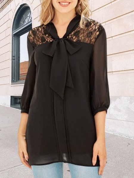 

V Neck Casual Plain Blouse, Black, Shirts & Blouses