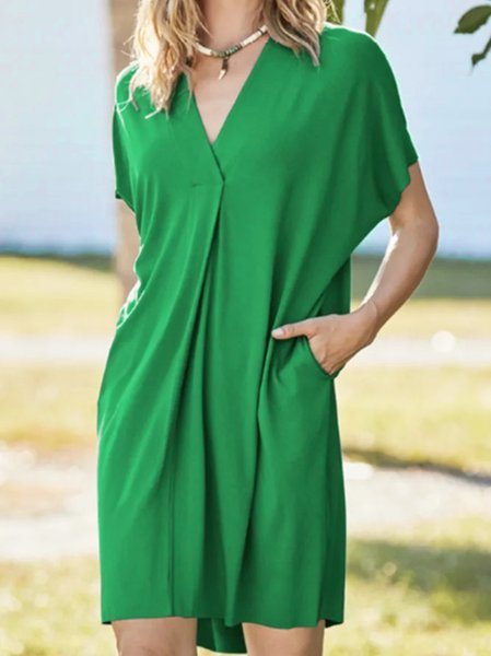 

Basics V Neck Solid Short Sleeve Dress, Green, Dresses
