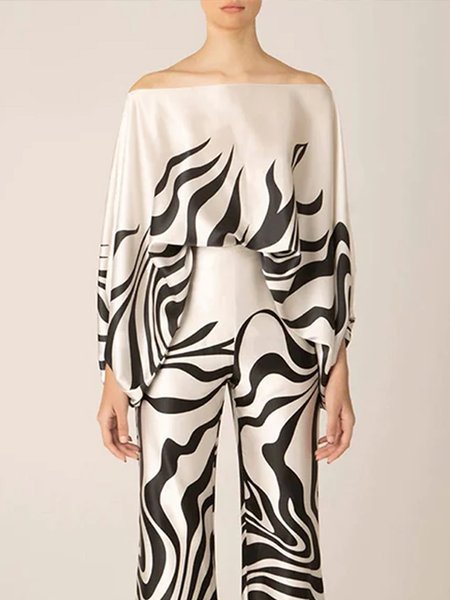 

Daily Long sleeve Abstract Satin Urban Top, White, Blouses and Shirts