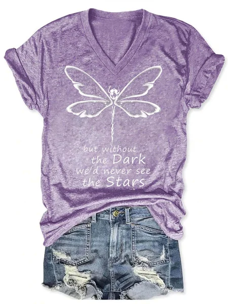 

Women Dragonfly Printing Casual Text Letters T-Shirt, Purple, T-shirts