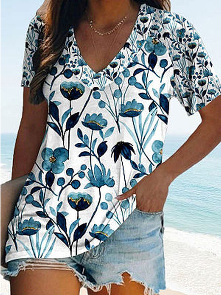 Cotton-Blend Floral Casual T-Shirt, Blue, T-Shirts