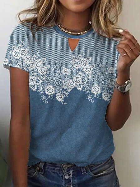 

Floral Crew Neck Casual T-Shirt, Blue, T-Shirts
